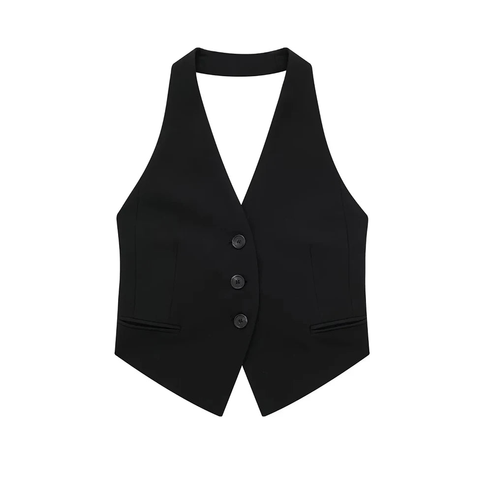 IMIEMIE ZRN Women Fashion Backless Halter Neck Waistcoat Sexy Sleeveless Button-up Female Outerwear Chic Vest Tops