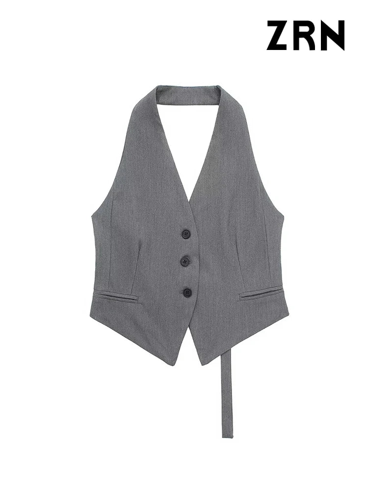 IMIEMIE ZRN Women Fashion Backless Halter Neck Waistcoat Sexy Sleeveless Button-up Female Outerwear Chic Vest Tops