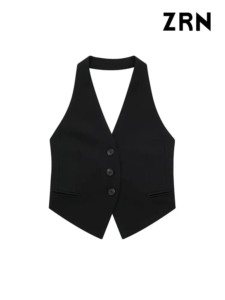 IMIEMIE ZRN Women Fashion Backless Halter Neck Waistcoat Sexy Sleeveless Button-up Female Outerwear Chic Vest Tops