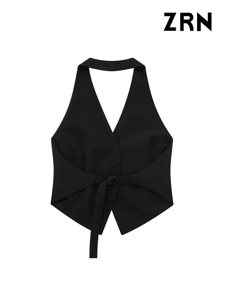 IMIEMIE ZRN Women Fashion Backless Halter Neck Waistcoat Sexy Sleeveless Button-up Female Outerwear Chic Vest Tops