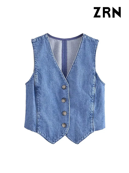 IMIEMIE ZRN Women Fashion Front Button Denim Waistcoat Vintage V Neck Sleeveless Female Outerwear Chic Vest Tops