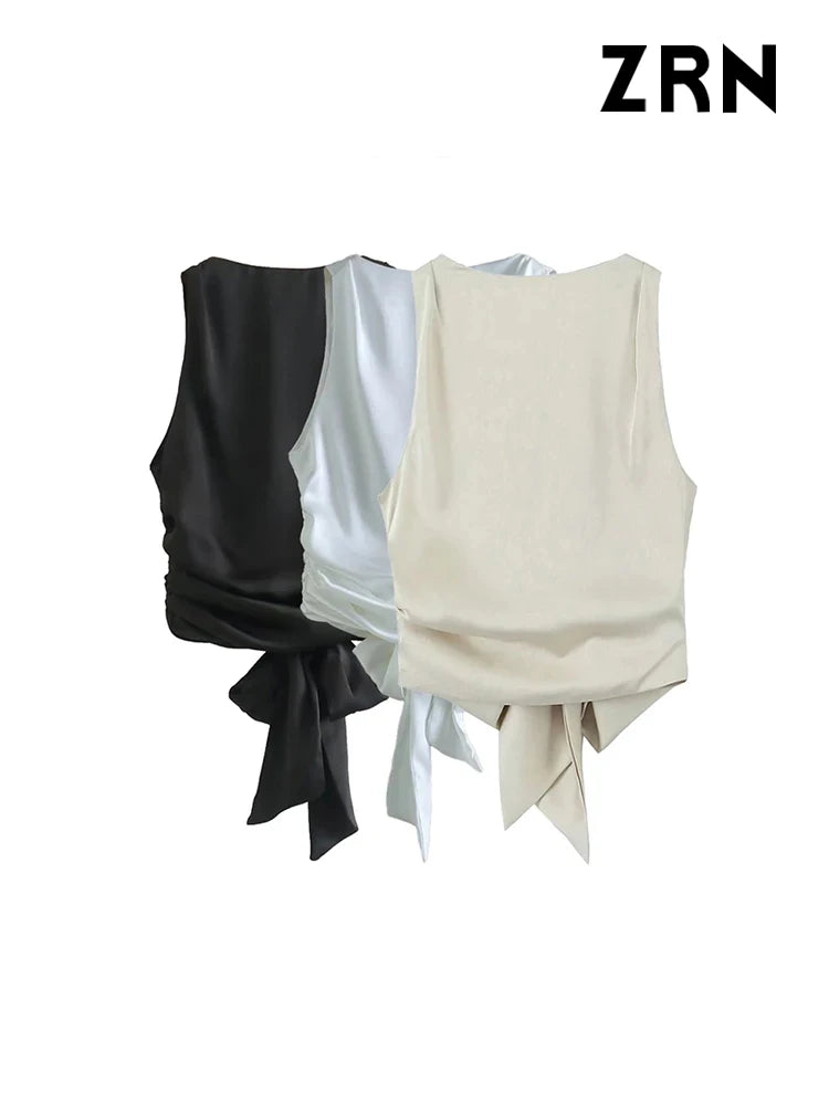 IMIEMIE ZRN Women Sexy Fashion With Tied Satin Back Open Crop Blouses O Neck Sleeveless Female Shirts Blusas Chic Tops