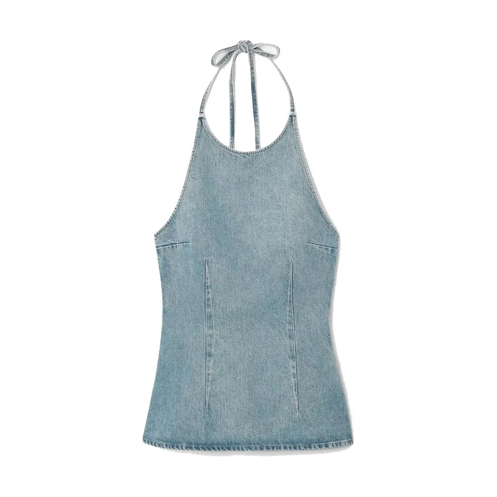 IMIEMIE Zach Ailsa 2024 Spring New Product Women's Wear Temperament Slim Fit, Sexy, Open Back, Hanging Neck, Strap, Denim Top