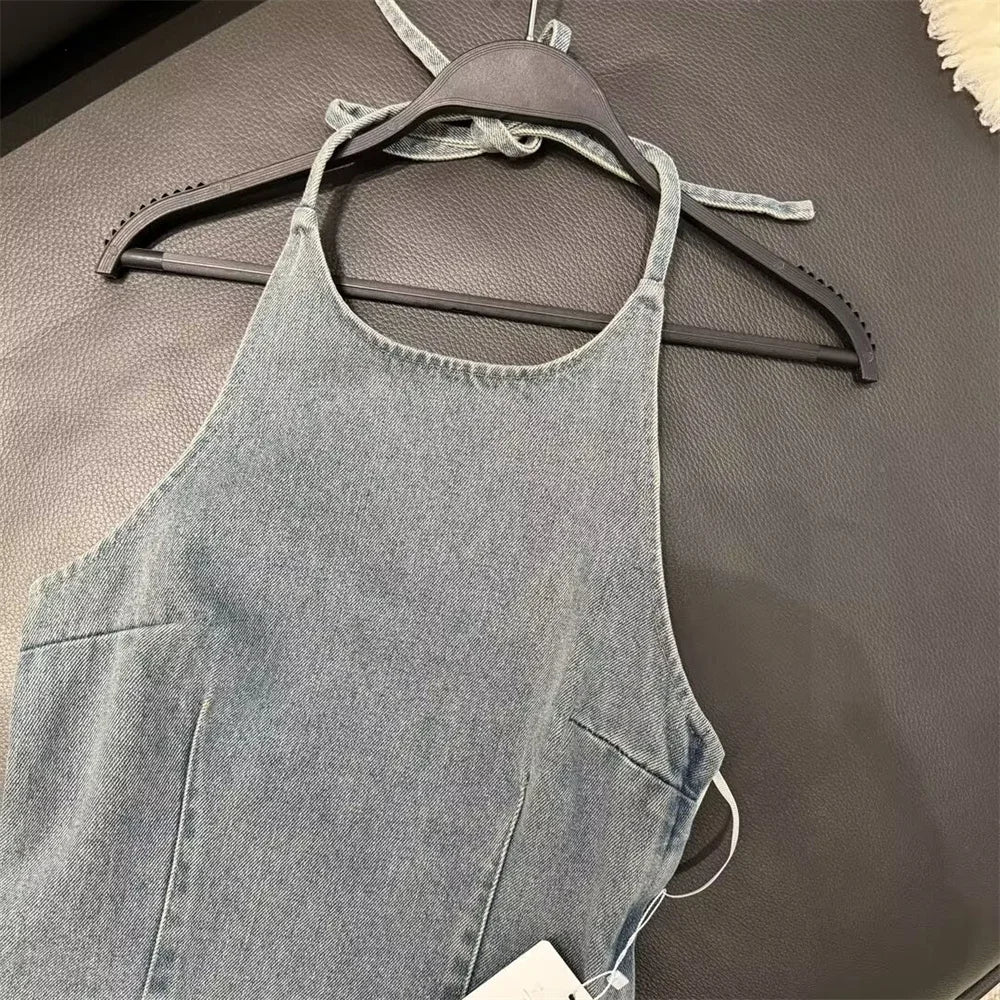 IMIEMIE Zach Ailsa 2024 Spring New Product Women's Wear Temperament Slim Fit, Sexy, Open Back, Hanging Neck, Strap, Denim Top