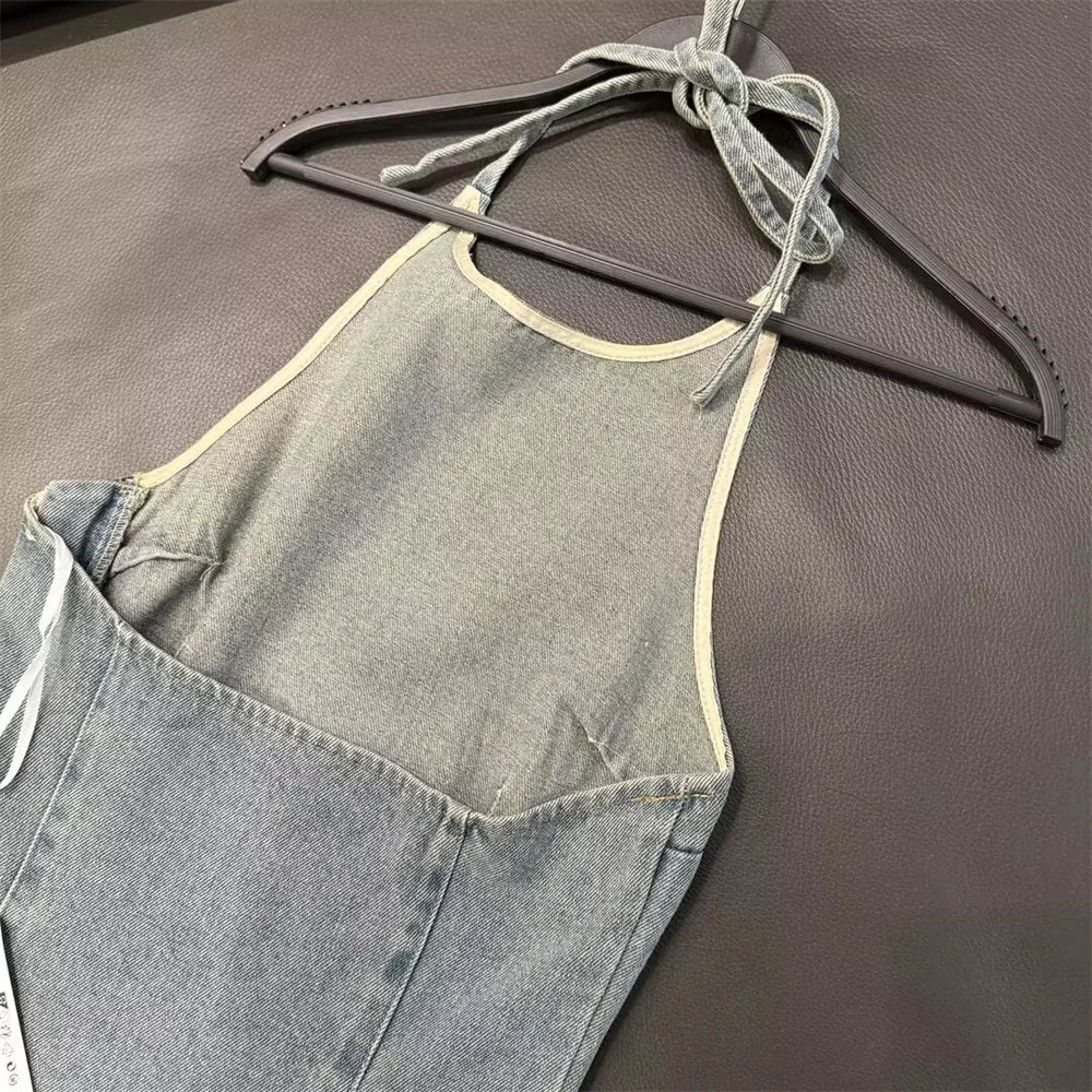 IMIEMIE Zach Ailsa 2024 Spring New Product Women's Wear Temperament Slim Fit, Sexy, Open Back, Hanging Neck, Strap, Denim Top