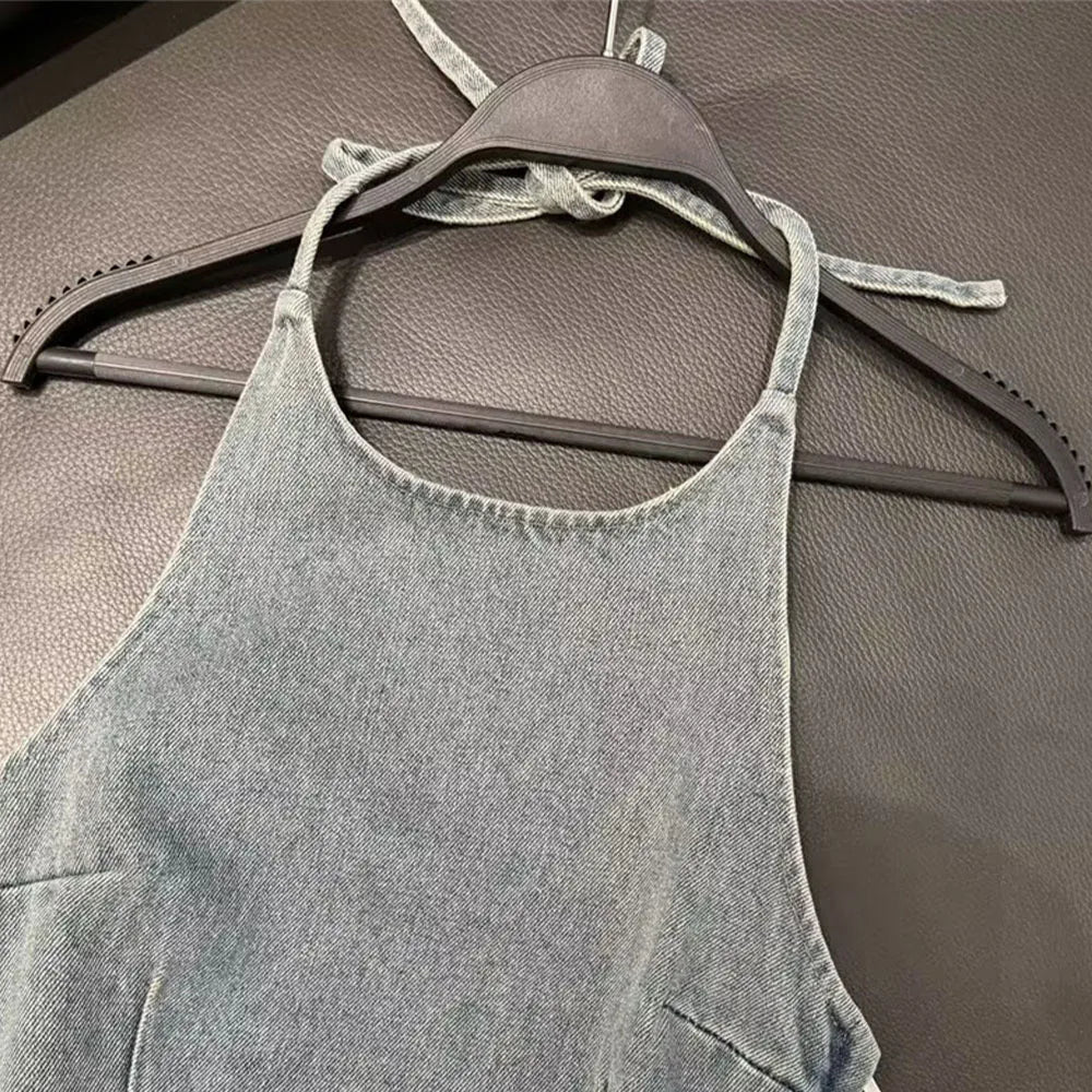 IMIEMIE Zach Ailsa 2024 Spring New Product Women's Wear Temperament Slim Fit, Sexy, Open Back, Hanging Neck, Strap, Denim Top