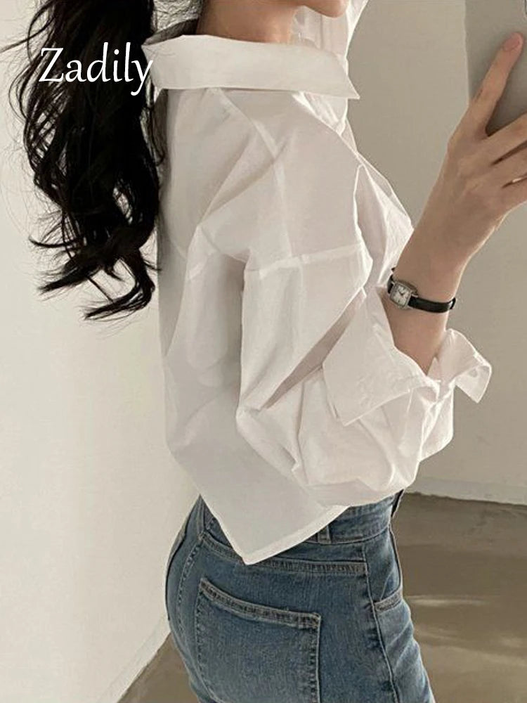 IMIEMIE Zadily 2024 Spring New Casual Long Sleeve Women White Shirt Korea Style Solid Button Split Woman Crop Tops Blouse Party Clothing