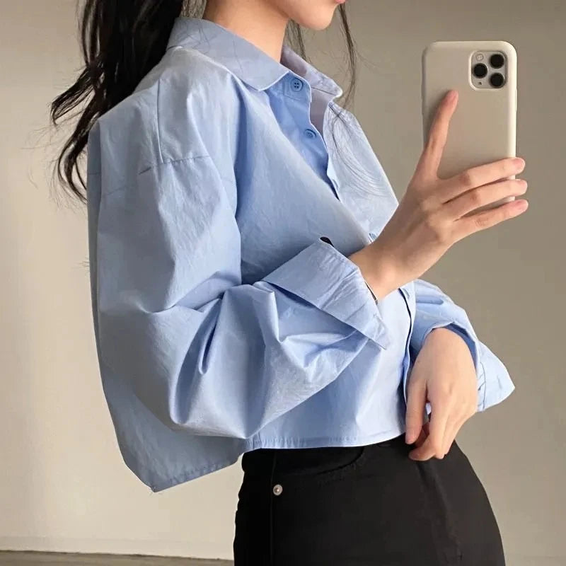 IMIEMIE Zadily 2024 Spring New Casual Long Sleeve Women White Shirt Korea Style Solid Button Split Woman Crop Tops Blouse Party Clothing