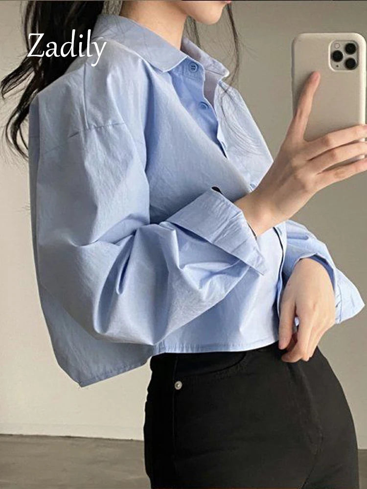 IMIEMIE Zadily 2024 Spring New Casual Long Sleeve Women White Shirt Korea Style Solid Button Split Woman Crop Tops Blouse Party Clothing