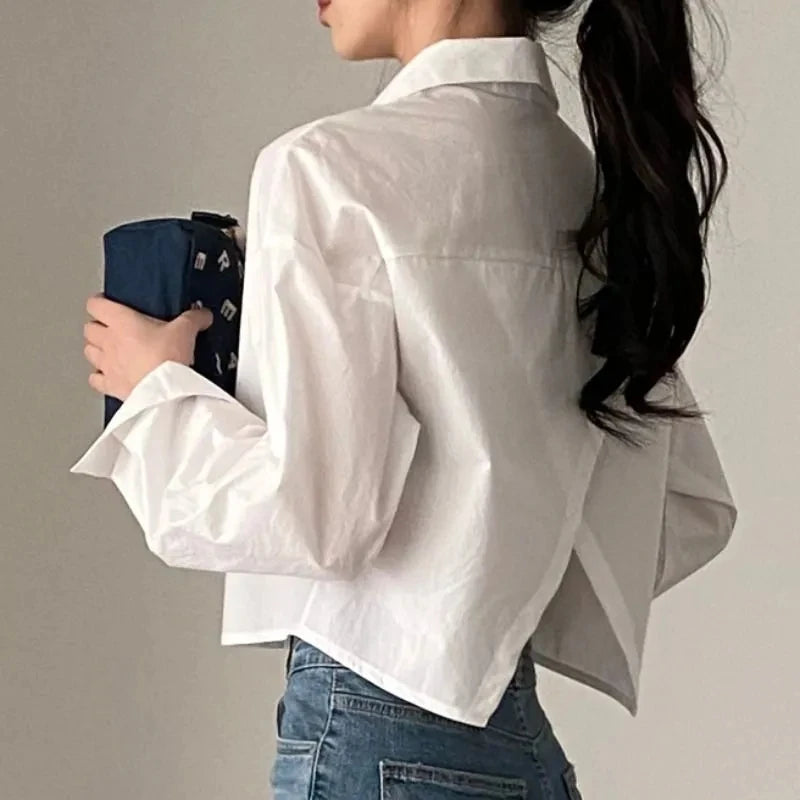 IMIEMIE Zadily 2024 Spring New Casual Long Sleeve Women White Shirt Korea Style Solid Button Split Woman Crop Tops Blouse Party Clothing