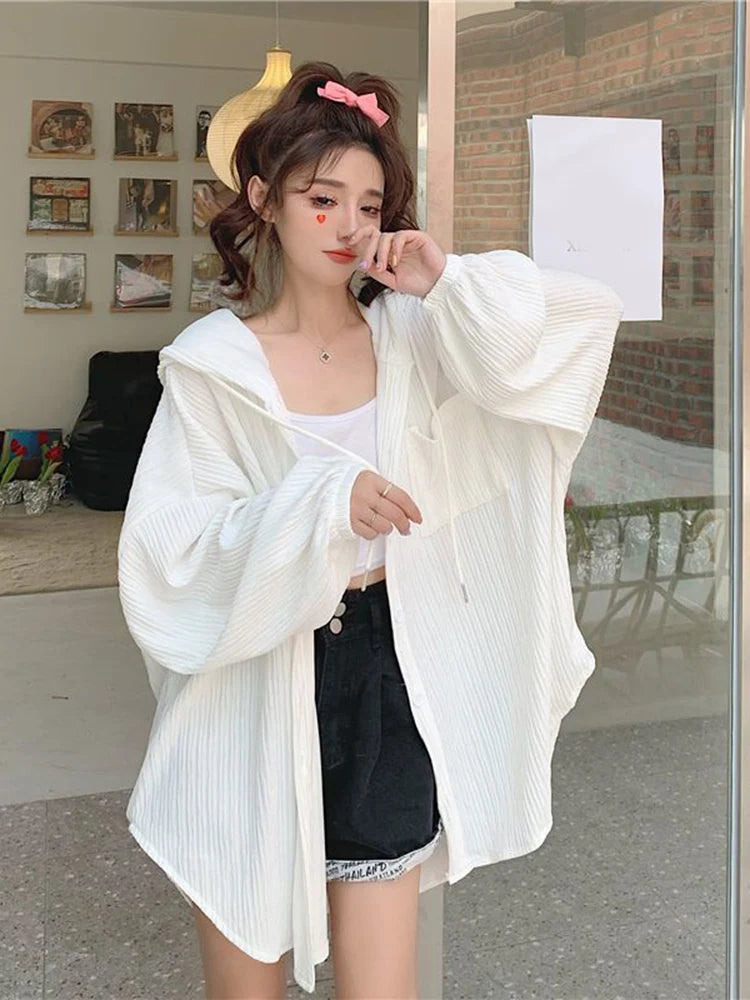 IMIEMIE Zoki Lazy Wind Oversize Sun-Proof Shirt Women Casual Korean Hoodies Tops Long Sleeve Loose Preppy Style Summer Blouse Coats New