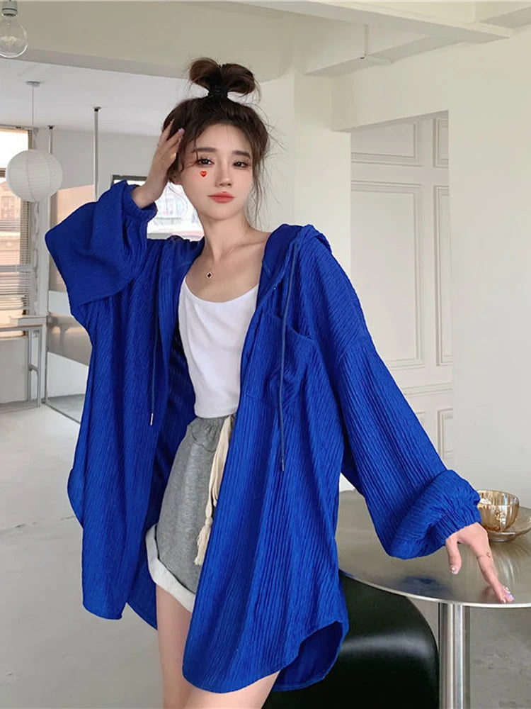 IMIEMIE Zoki Lazy Wind Oversize Sun-Proof Shirt Women Casual Korean Hoodies Tops Long Sleeve Loose Preppy Style Summer Blouse Coats New