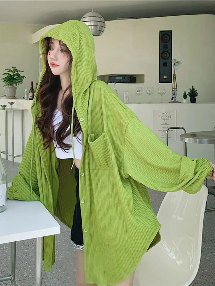 IMIEMIE Zoki Lazy Wind Oversize Sun-Proof Shirt Women Casual Korean Hoodies Tops Long Sleeve Loose Preppy Style Summer Blouse Coats New