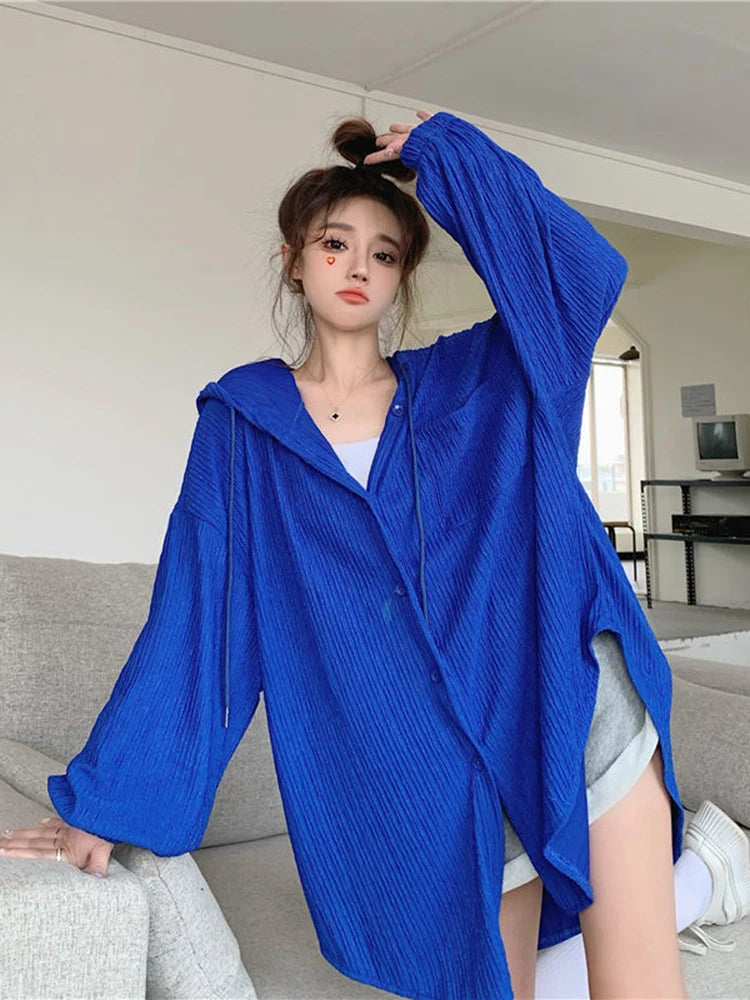 IMIEMIE Zoki Lazy Wind Oversize Sun-Proof Shirt Women Casual Korean Hoodies Tops Long Sleeve Loose Preppy Style Summer Blouse Coats New