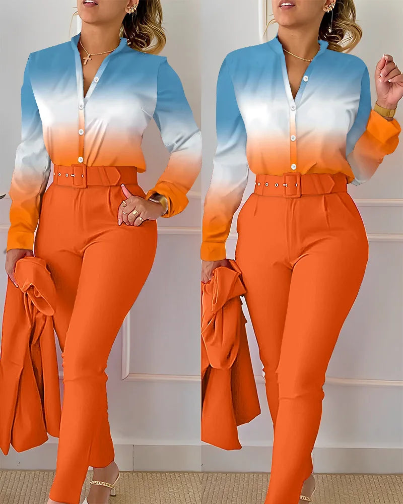 IMIEMIE elegant print shirt and pants two piece sets women 2024 spring autumn fashion long sleeve shirts high waist pant casual suits