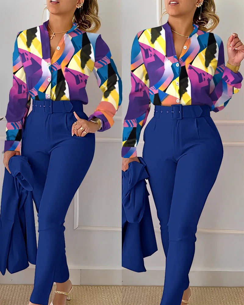 IMIEMIE elegant print shirt and pants two piece sets women 2024 spring autumn fashion long sleeve shirts high waist pant casual suits