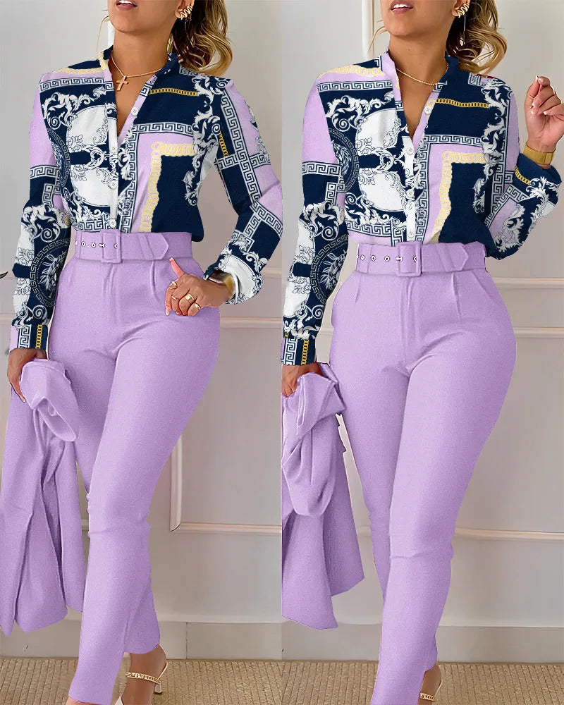 IMIEMIE elegant print shirt and pants two piece sets women 2024 spring autumn fashion long sleeve shirts high waist pant casual suits