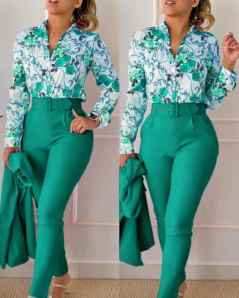 IMIEMIE elegant print shirt and pants two piece sets women 2024 spring autumn fashion long sleeve shirts high waist pant casual suits