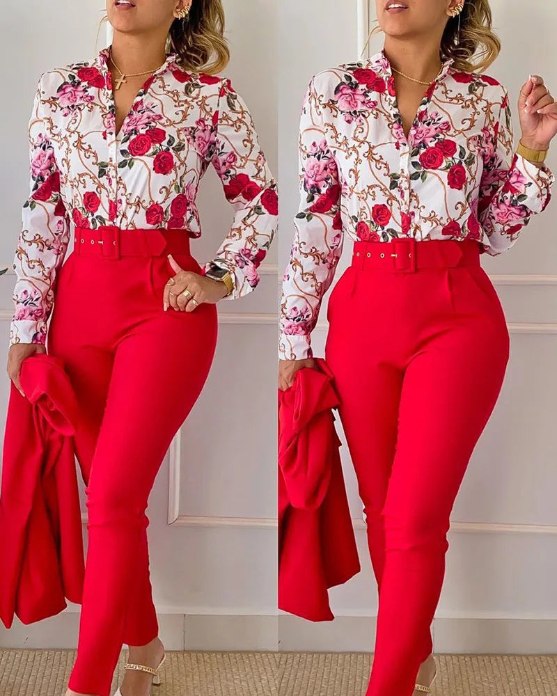 IMIEMIE elegant print shirt and pants two piece sets women 2024 spring autumn fashion long sleeve shirts high waist pant casual suits