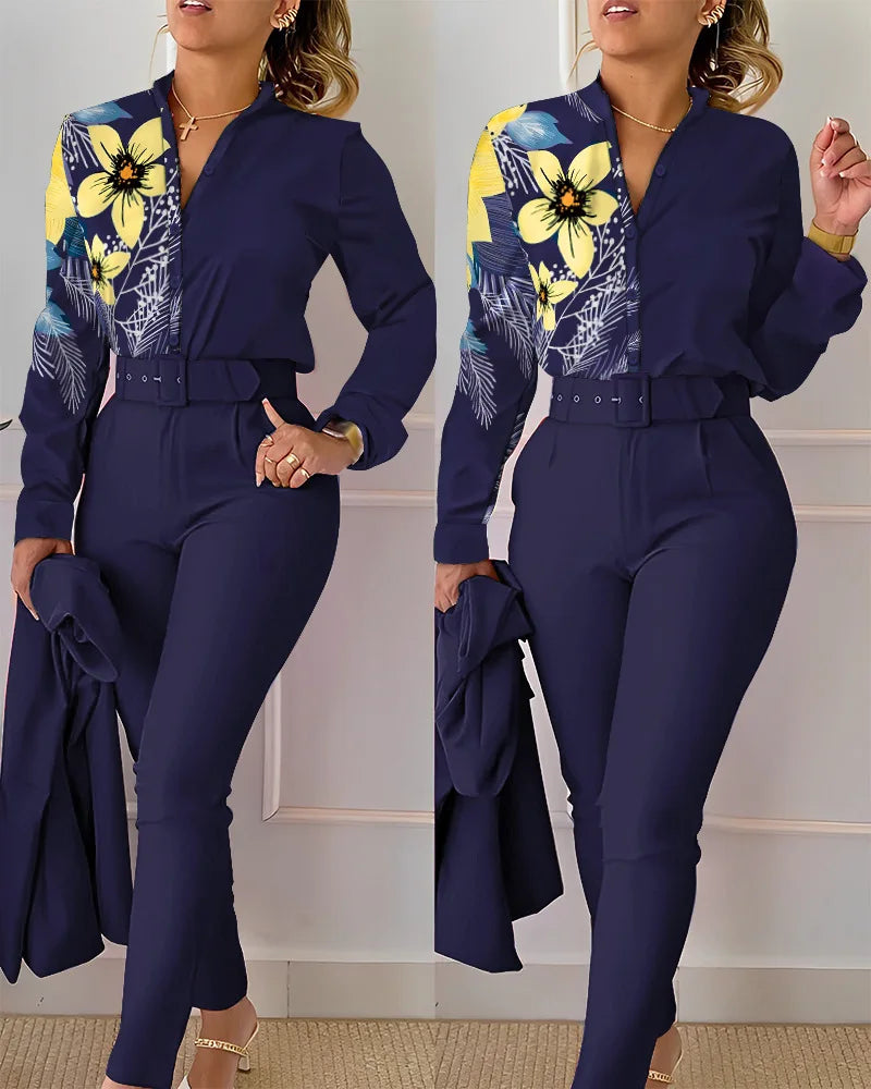 IMIEMIE elegant print shirt and pants two piece sets women 2024 spring autumn fashion long sleeve shirts high waist pant casual suits