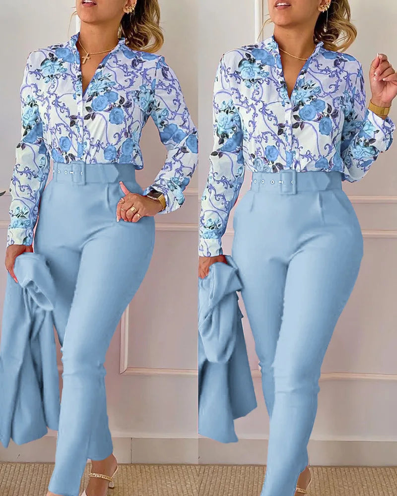 IMIEMIE elegant print shirt and pants two piece sets women 2024 spring autumn fashion long sleeve shirts high waist pant casual suits