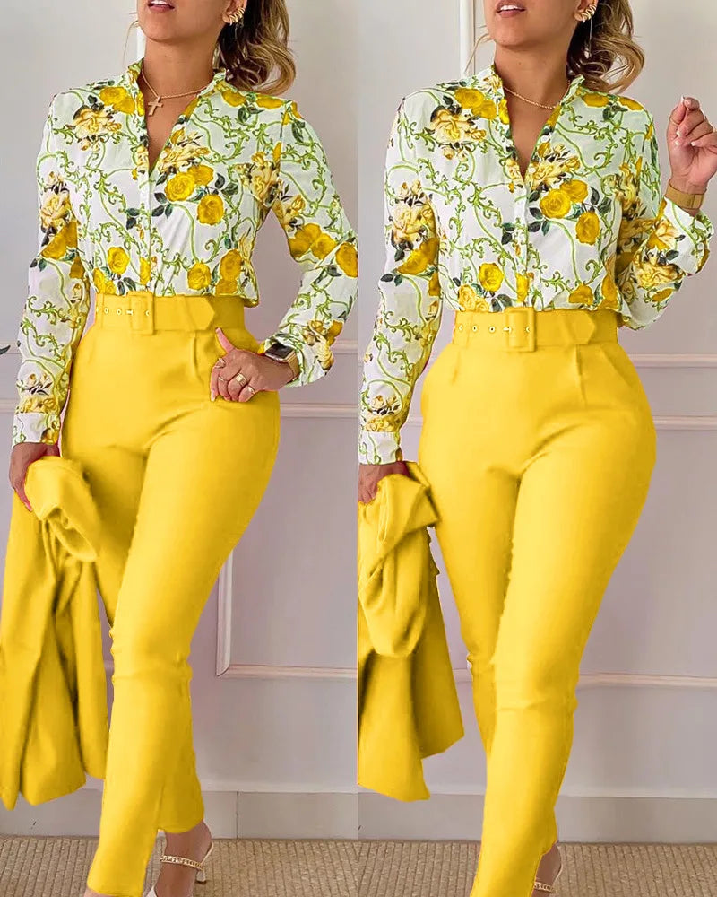 IMIEMIE elegant print shirt and pants two piece sets women 2024 spring autumn fashion long sleeve shirts high waist pant casual suits