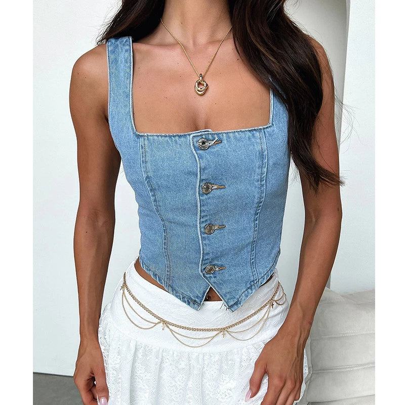 IMIEMIE hirigin Women Fashion y2k Denim Vest Sleeveless Boat Neck Button Down Crop Jean Tank Top Slim Backless Smocking Aesthetic Vest