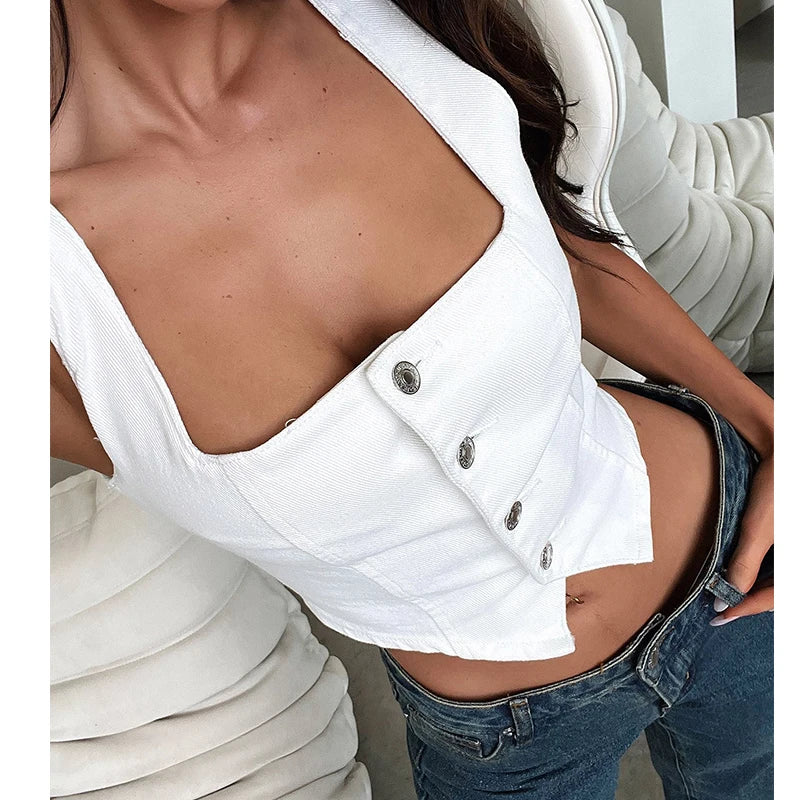 IMIEMIE hirigin Women Fashion y2k Denim Vest Sleeveless Boat Neck Button Down Crop Jean Tank Top Slim Backless Smocking Aesthetic Vest