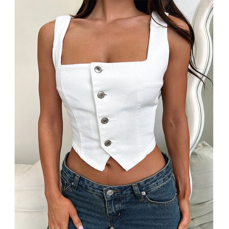 IMIEMIE hirigin Women Fashion y2k Denim Vest Sleeveless Boat Neck Button Down Crop Jean Tank Top Slim Backless Smocking Aesthetic Vest