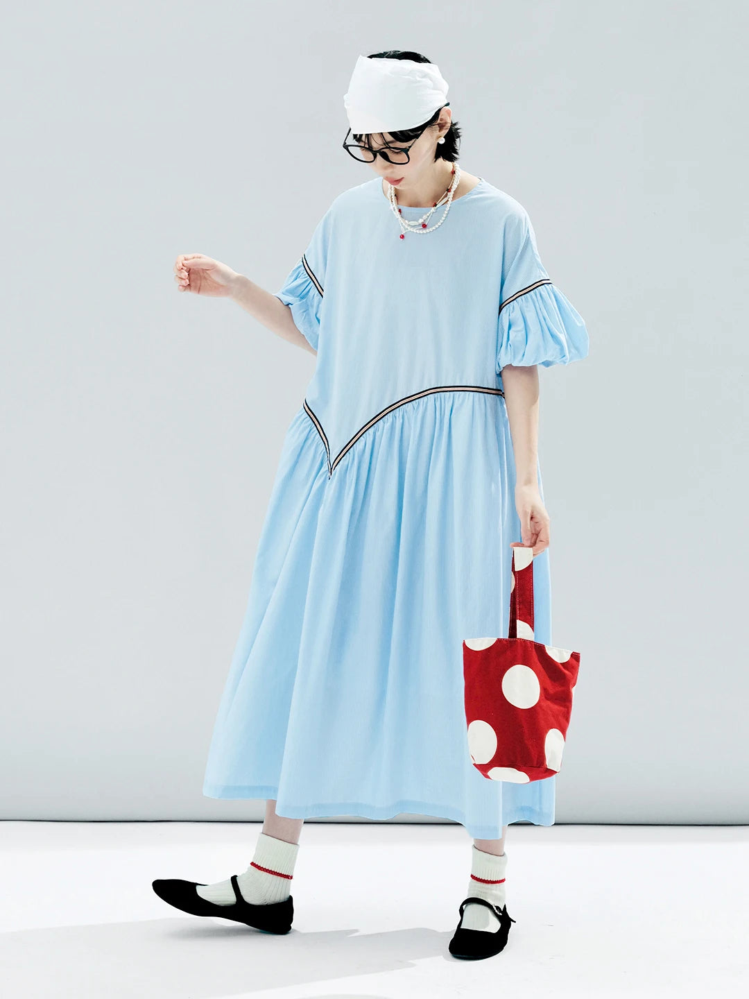 IMIEMIE imakokoni 2024 summer original design tencel cotton blue small grid puff sleeve dress 244613