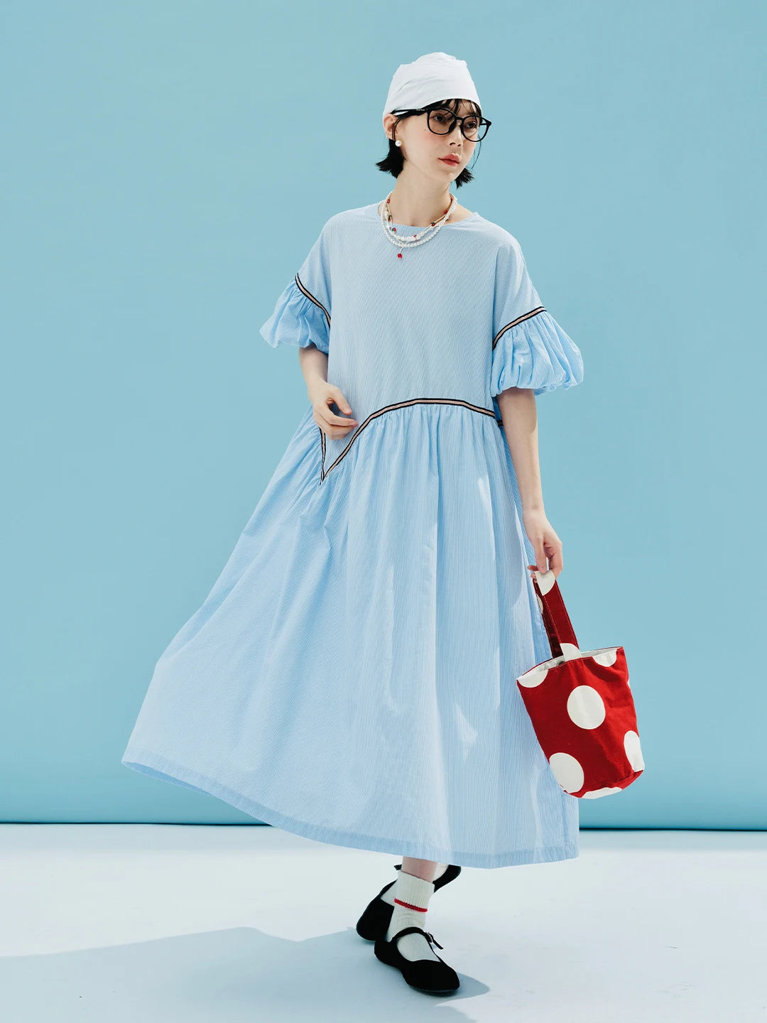 IMIEMIE imakokoni 2024 summer original design tencel cotton blue small grid puff sleeve dress 244613