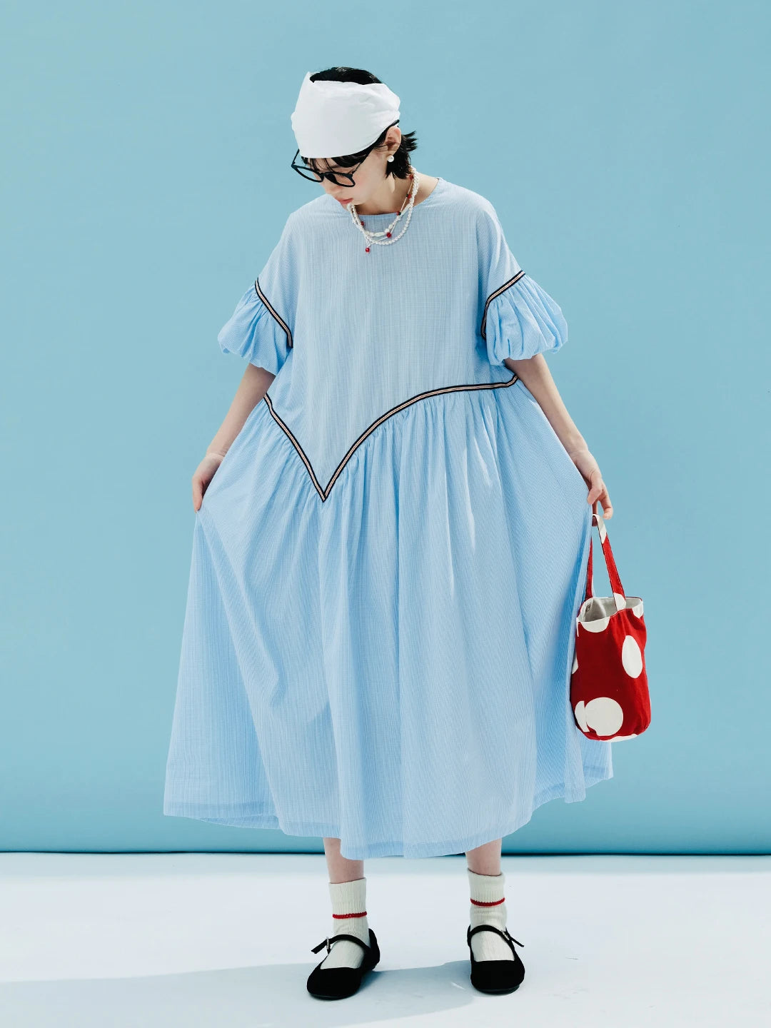 IMIEMIE imakokoni 2024 summer original design tencel cotton blue small grid puff sleeve dress 244613