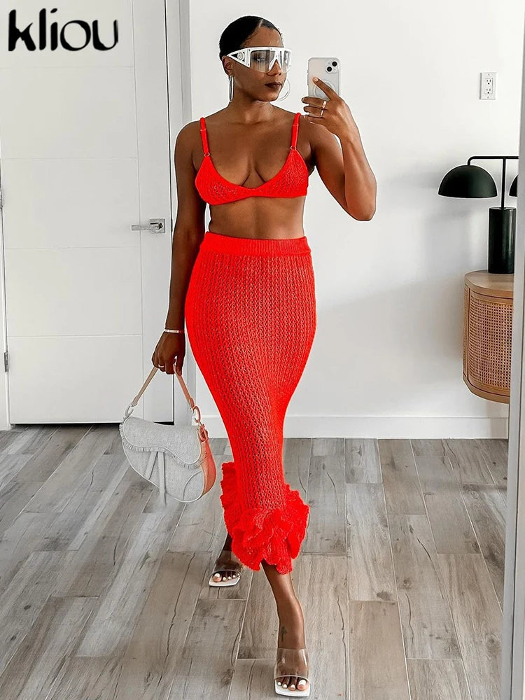 IMIEMIE kliou Summer Women Knitted Two Piece Set Solid Sheer Sexy Cleavage Camisole+High Waist Stacked Slim Hip Skirts Female Attirewear