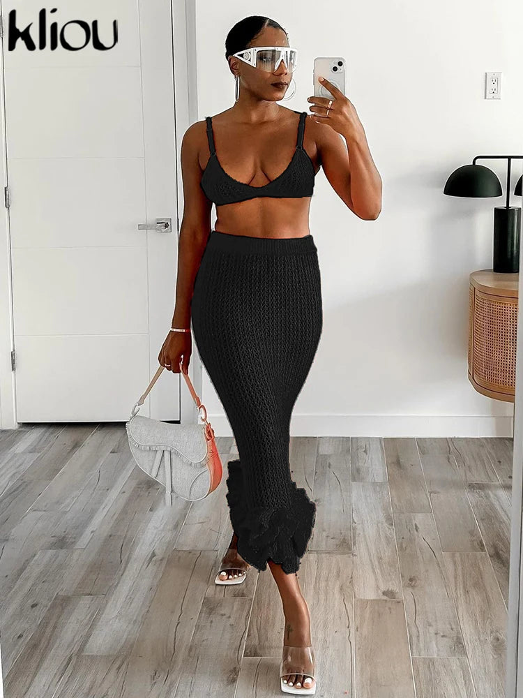 IMIEMIE kliou Summer Women Knitted Two Piece Set Solid Sheer Sexy Cleavage Camisole+High Waist Stacked Slim Hip Skirts Female Attirewear