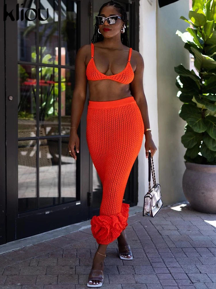 IMIEMIE kliou Summer Women Knitted Two Piece Set Solid Sheer Sexy Cleavage Camisole+High Waist Stacked Slim Hip Skirts Female Attirewear