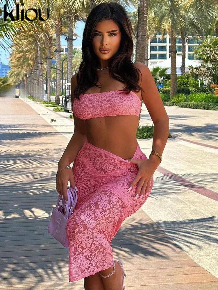 IMIEMIE kliou Summer Women Overknee Sexy Lace Two Piece Set K24S47228 Girl Solid Embroidered Strapless Tube+Hip Skirt Elegant Outfit