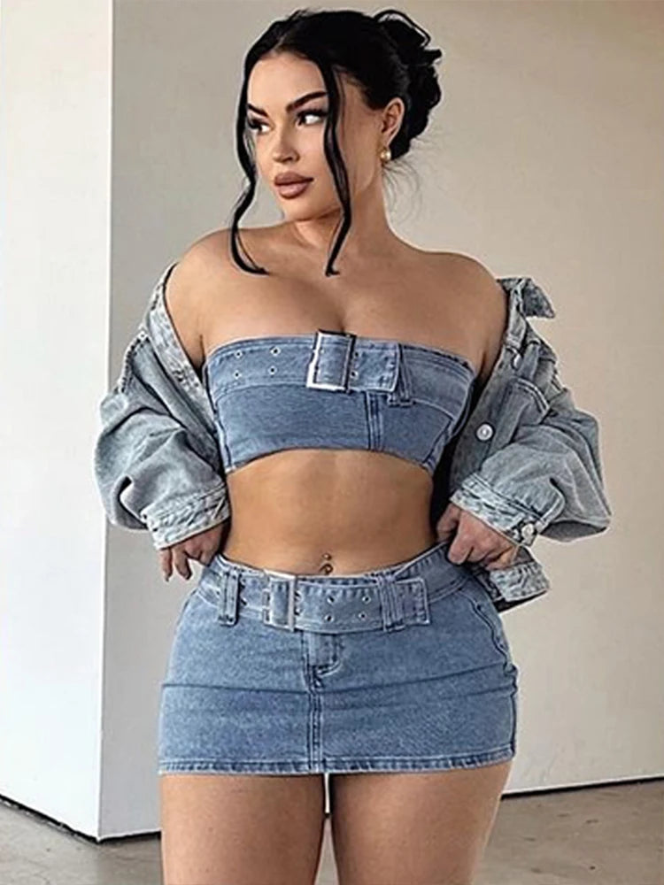 IMIEMIE kliou Summer Women Two Piece Set Young Casual Denim Wrapped Chest+Mini Hip Skirt Matching Outfit Student Girl Street Attire Hot