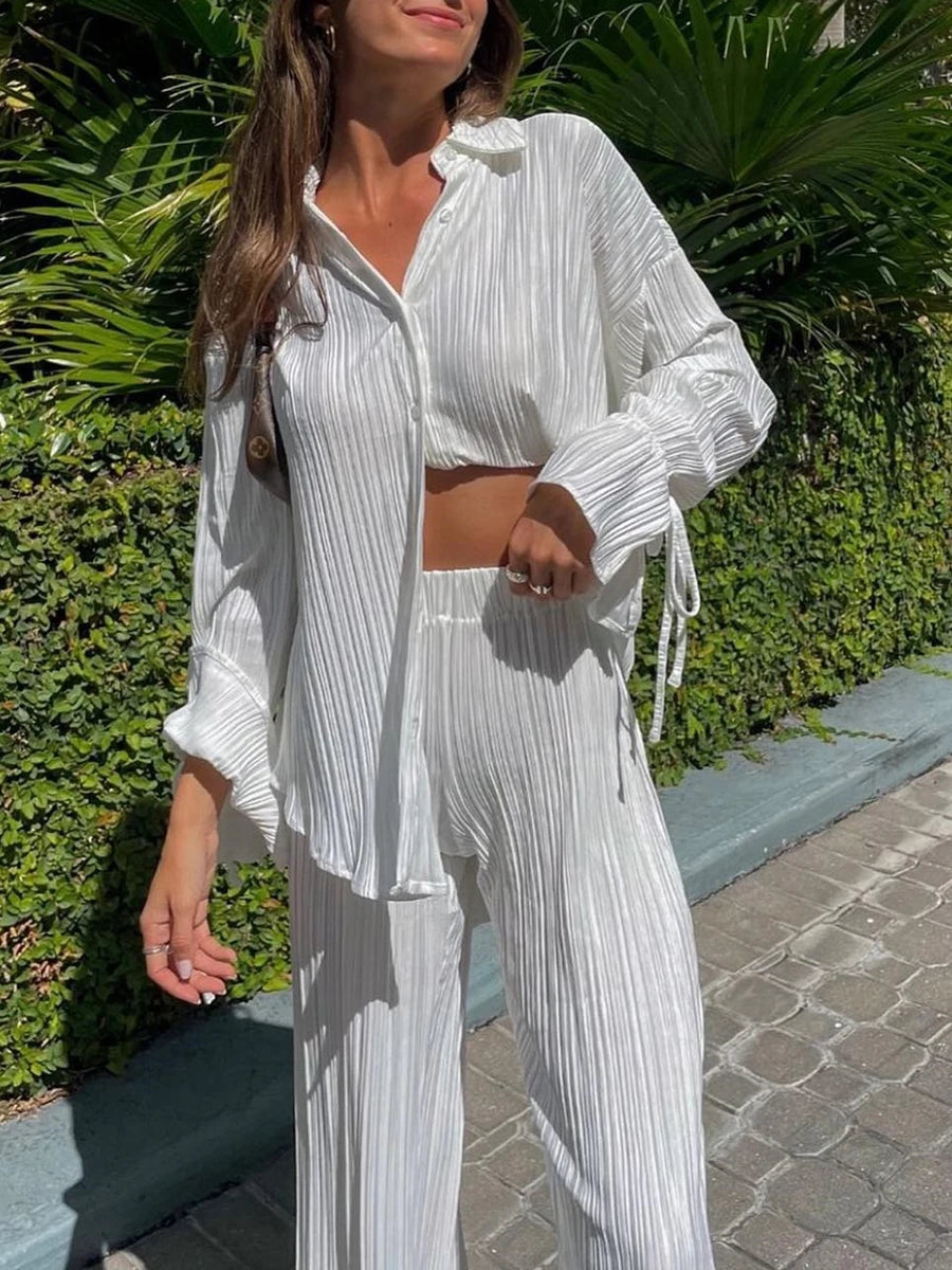 IMIEMIE wsevypo Women Two-piece Pleated Pants Suits Casual Chic Solid Color Long Sleeve Button down Shirts and Straight Leg Trousers Set