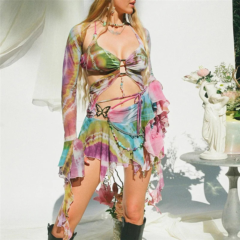 IMIEMIE y2k Aesthetic Butterfly Print 3 Pcs Set Long Flare Sleeve Shawl Halter Lace Up Sexy Top Pleated Skirt Summer Beach Outfits