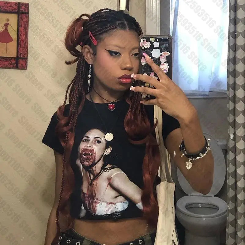 IMIEMIE zombie y2k style Baby tee Short Sleeve Top Street T-shirt Womens Punk anime T-shirt Women 2024 Summer Top 90s vintage Gothic emo